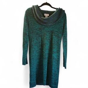 Soft Surroundings Green Blue Contrast Sweater Dress Cowl Neck Wool Size Medium